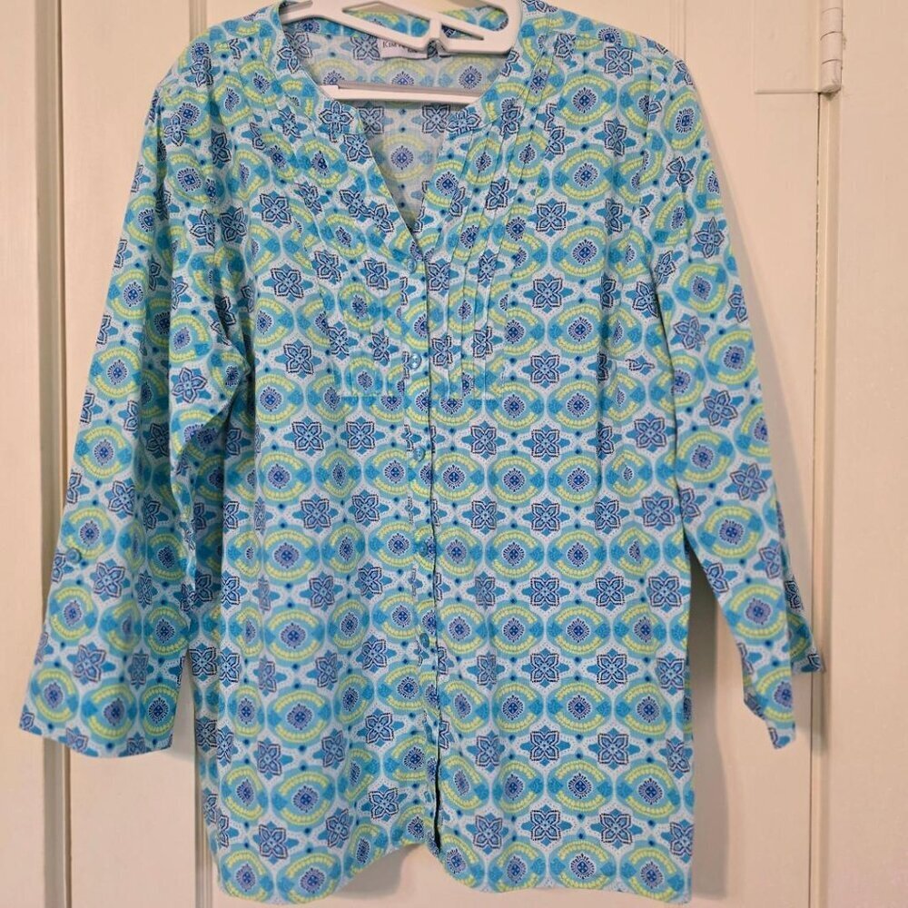 PXL Kim Rogers Linen Cotton 3/4 Sleeve 6- Button Women Blouse